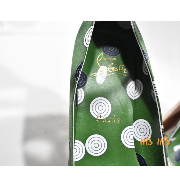 NIB Christian Louboutin Green Silk polka dot Platform Pumps Heels - Picture 7 of 9